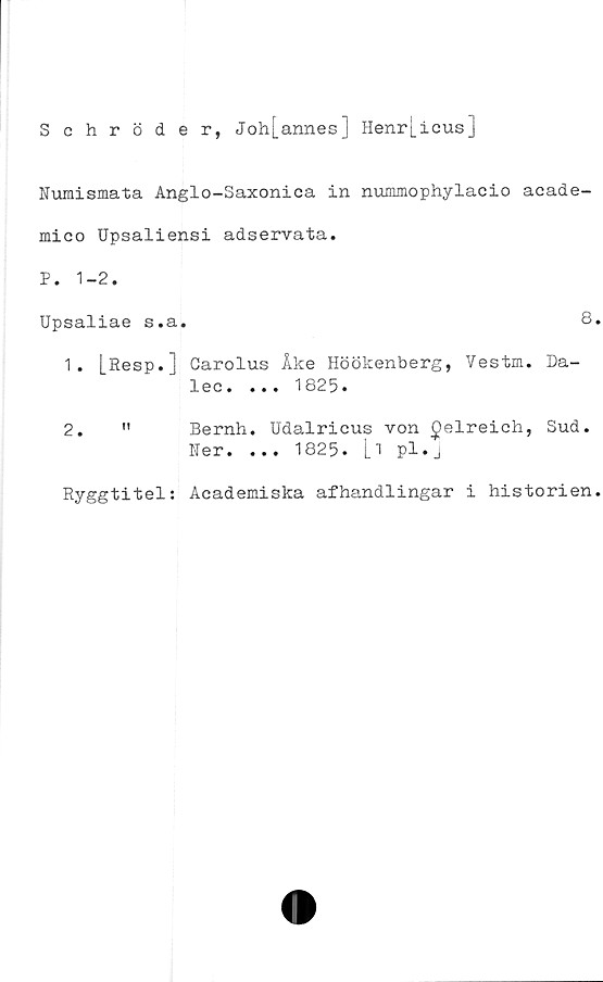  ﻿Schröder, Joh[annes] Henri_icus]
Numismata Anglo-Saxonica in nummophylacio acade-
mico Upsaliensi adservata.
B. 1-2.
Upsaliae s.a.	8
1.	|_Resp.] Carolus Åke Höökenberg, Vestm. Da-
lec. ... 1825.
2.	"	Bernh. Udalricus von £elreich, Sud.
Ber. ... 1825. i_l pl«j
Ryggtitel: Academiska afhandlingar i historien