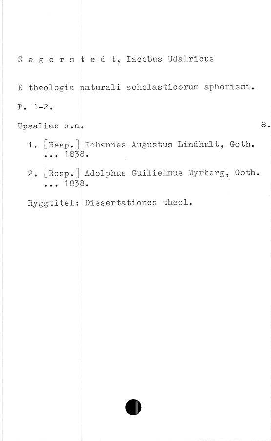  ﻿Segerstedt, Iacobus Udalricus
E theologia naturali scholasticorum aphorismi.
P. 1-2.
Upsaliae s.a.	8
1.	[Resp.] lohannes Augustus Lindhult, G-oth.
... 1838.
2.	i Resp.] Adolphus Guilielmus Myrberg, G-oth.
^.. 1838.
Ryggtitel: Dissertationes theol.