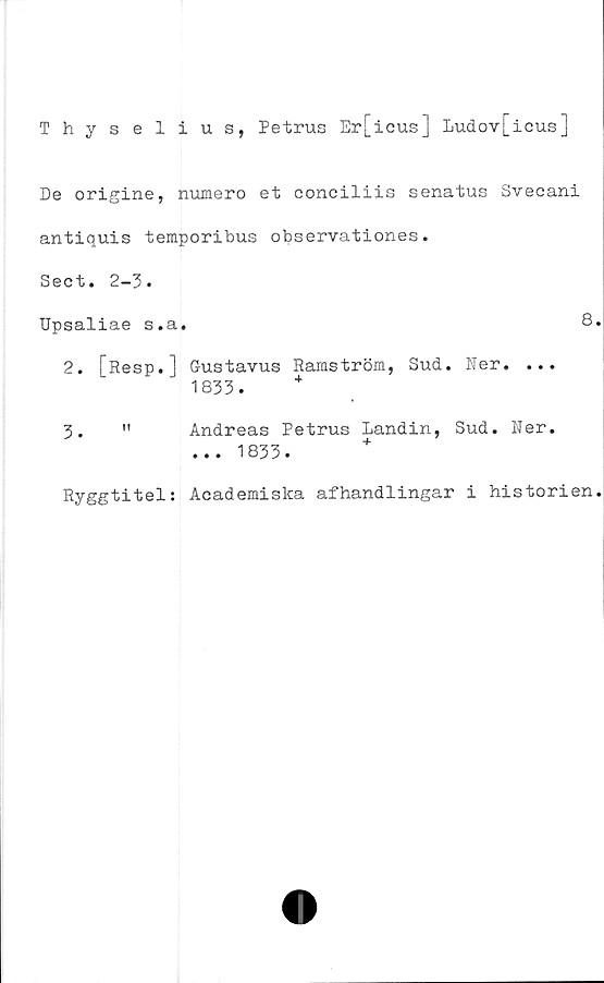  ﻿Thyselius, Petrus Er[icus] Ludov[icus]
De origine, numero et coneiliis senatus Svecani
antiquis temporibus observationes.
Sect. 2-3.
Upsaliae s.a.	8
2.	[Resp.] Gustavus Ramström, Sud. Ner. ...
1833.	+
3.	" Andreas Petrus Landin, Sud. Ner.
... 1833.	+
Ryggtitel: Academiska afhandlingar i historien
