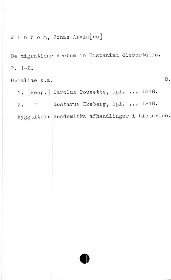  ﻿Winbom, Jonas Arvid[_us]
De migratione Arabum in Hispaniam dissertatio.
P. 1-2.
Upsaliae s.a.	8
1. [Resp.] Carolus Pousette, Upl. ... 1818.
2.	"	Gustavus Ekeberg, Upl. ... 1818.
Ryggtitel: Academiska afhandlingar i historien