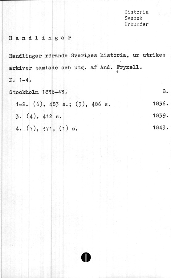  ﻿Historia
Svensk
Urkunder
Handlingar
Handlingar rörande Sveriges historia, ur utrikes
arkiver samlade och utg. af And. Fryxell.
D. 1-4.
Stockholm 1836-43.	8.
1-2. (6), 483 s.; (3), 486 s.	1836.
3.	(4), 412 s.	1839.
4.	(7), 371, (1) s.	1843.