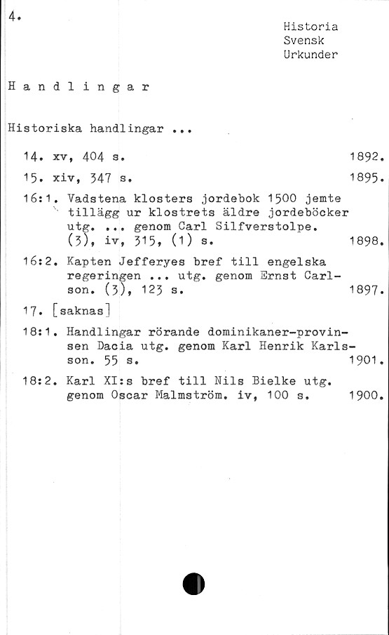  ﻿4
Historia
Svensk
Urkunder
Handl ingar
Historiska handlingar ...
14.	xv, 404 3.	1892.
15.	xiv, 347 s.	1895.
16!1. Vadstena klosters jordebok 1500 jemte
tillägg ur klostrets äldre jordeböcker
utg. ... genom Carl Silfverstolpe.
(5), iv, 315,	(1)	s.	1898.
16:2. Kapten Jefferyes bref till engelska
regeringen ... utg. genom Srnst Carl-
son. (3), 123	s.	1897.
17. [saknas1
18:1, Handlingar rörande dominikaner-provin-
sen Dacia utg. genom Karl Henrik Karls-
son. 55 s.	1901.
18:2. Karl XI:s bref till Nils Bielke utg.
genom Oscar Malmström, iv, 100 s.	1900.