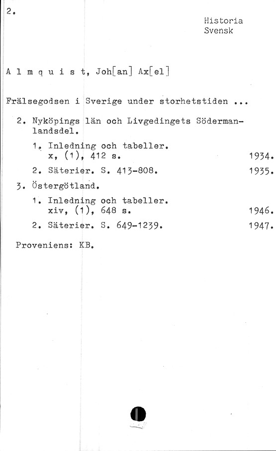  ﻿2
Historia
Svensk
Almqui s t, Joh[an ] Ax[el]
Frälsegodsen i Sverige under storhetstiden ...
2. Nyköpings län och Livgedingets Söderman-
landsdel.
1*, Inledning och tabeller.
x, (1), 412 s.	1934
2. Säterier. S. 413-808»	1935
3» Östergötland.	
1. Inledning och tabeller, xiv, (1), 648 s.	1946
2. Säterier. S. 649-1239»	1947
Proveniens: KB.	