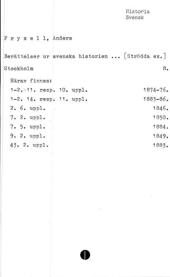  ﻿Historia
Svensk
Fryxell, Anders
Berättelser ur svenska historien ... [Strödda ex.]
Stockholm	8.
Härav finnes: 1-2.'-11. resp.	10. uppl.	1874-76
1-2. 14. resp.	11. uppl.	1883-86
2. 6. uppl.		1846
7. 2. uppl.		1850
7. 5. uppl.		1884
9. 2. uppl.		1849
45» 2. uppl.		1883