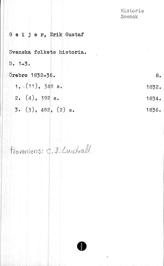  ﻿Historia
Svensk
Geijer, Erik Gustaf
Svenska folkets historia.
D. 1-3.
Örebro 1832-36.	8.
1.	("M )t 348 s.	1832.
2.	(4), 392 s.	1834.
3.	(3), 482, (2) s.	1836.
fro/önieos: C. J.
