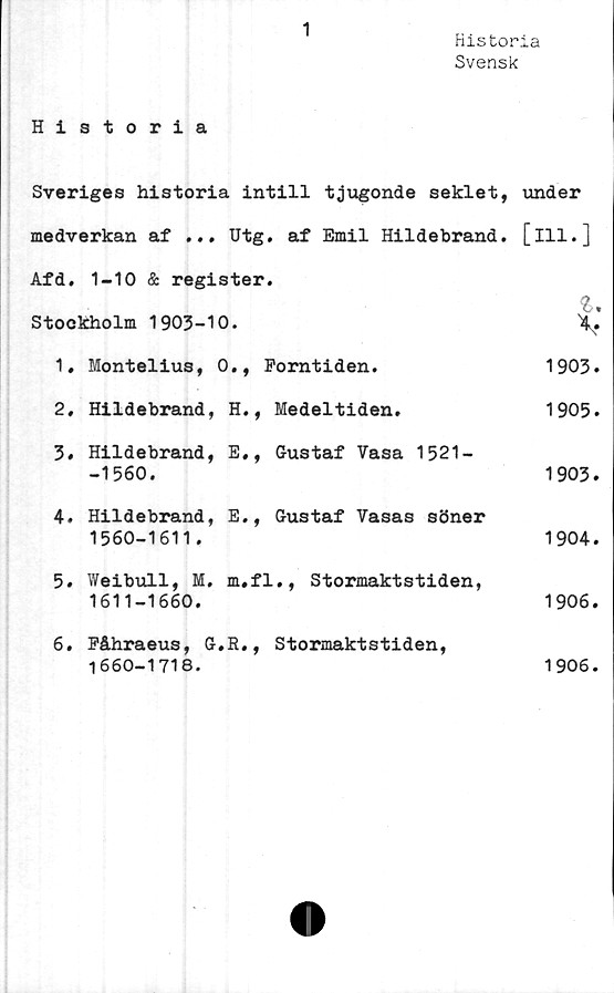  ﻿1
Historia
Svensk
Historia
Sveriges historia intill tjugonde seklet,	under
medverkan af ... Utg. af Emil Hildebrand.	[ill.]
Afd. 1-10 & register. Stockholm 1903-10.	Z. \-
1. Montelius, 0., Forntiden.	1903.
2, Hildebrand, H., Medeltiden.	1905.
3. Hildebrand, E,, Gustaf Vasa 1521- -1560.	1903.
4. Hildebrand, E., Gustaf Vasas söner 1560-1611.	1904.
5. Weibull, M. m.fl., Stormaktstiden, 1611-1660.	1906.
6. Fåhraeus, G.R., Stormaktstiden, 1660-1718.	1906.