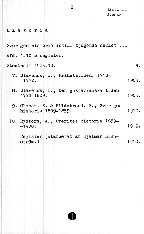  ﻿2
Historia
Svensk
Historia
Sveriges historia intill tjugonde seklet ...
Afd. 1-10 & register.
Stockholm 1903-10.	4.
7.	Stavenow, L., Frihetstiden, 1718-
-1772.	1903.
8.	Stavenow, L., Den gustavianska tiden
1772-1809.	1905.
9.	Clason, S. & Hildebrand, E., Sveriges
historia 1809-1859.	1910.
10.	Rydfors, A., Sveriges historia 1859-
-1900.	1909.
Register (utarbetat af Hjalmar Linn-
ström.)	1910.