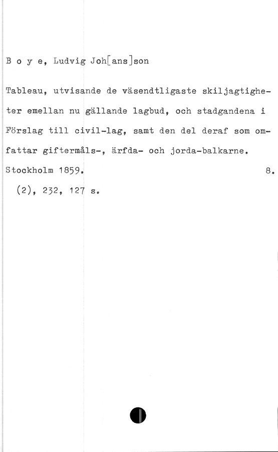  ﻿Boye, Ludvig Joh[ans]son
Tableau, utvisande de väsendtligaste skiljagtighe-
ter emellan nu gällande lagbud, och stadgandena i
Förslag till civil-lag, samt den del deraf som om-
fattar giftermåls-, ärfda- och jorda-balkarne.
Stockholm 1859
8