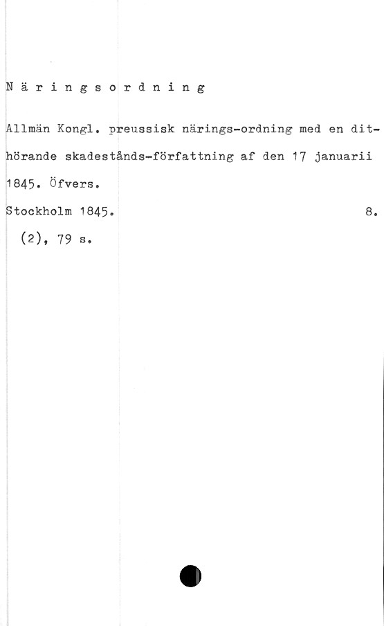  ﻿Allmän Kongl. preussisk närings-ordning med en dit-
hörande skadestånds-författning af den 17 januarii
1845* Öfvers.
Stockholm 1845
8