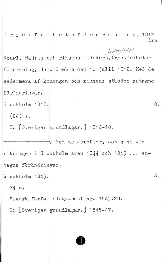  ﻿Tryckfrihetsförordning, 1812
års
\ 7 **«-**”
Kongl, Majsts och riksens ständers/tryckfrihets-
förordning; dat. Örebro den 16 julii 1812. Med de
sedermera af konungen och riksens ständer antagne
fö rändringar.
Stockholm 1818,	8,
(24) s.
Is [Sveriges grundlagar,] 1810-18,
-------------, Med de derefter, och sist wid
riksdagen i Stockholm åren 1844 och 1845 ••• an-
tagna förändringar.
Stockholm 1845*	8,
24 s.
Swensk författnings-samling, 1845528.
Is [Sveriges grundlagar.] 1845-47.