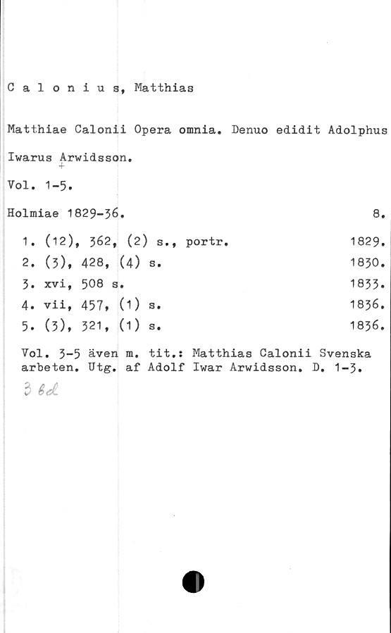  ﻿Calonius, Matthias
Matthiae Calonii Opera omnia. Denuo edidit Adolphus
Iwarus Arwidsson.
Vol. 1-5.
Holmiae 1829-36.	8.
1.	(12), 362, (2) s., portr.	1829.
2.	(3),	428,	(4)	s.	1830.
3.	xvi,	508 s.	1833»
4.	vii,	457,	(1)	s.	1836.
5.	(3),	321,	(1)	s.	1836.
Vol. 3-5 även m. tit.s Matthias Calonii Svenska
arbeten. Utg. af Adolf Iwar Arwidsson. D. 1-3.
a u