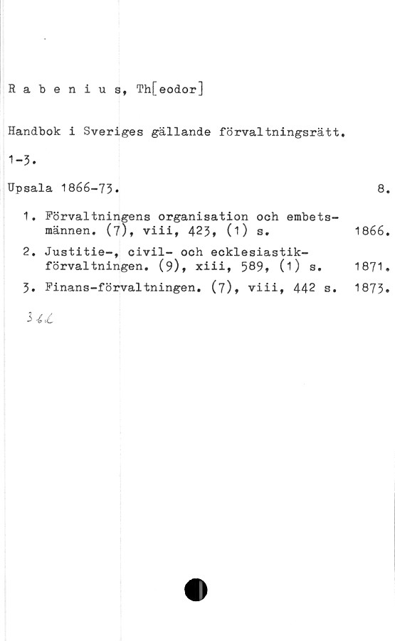  ﻿Rabenius, Th[eodor]
Handbok i Sveriges gällande förvaltningsrätt.
1-3.
Upsala 1866-73*	8.
1.	Förvaltningens organisation och ämbets-
männen. (7). viii, 423* 0) s.	1866.
2.	Justitie-, civil- och ecklesiastik-
förvaltningen. (9)» xiii, 589* (1) s. 1871.
3.	Finans-förvaltningen. (7)» viii, 442 s. 1873»