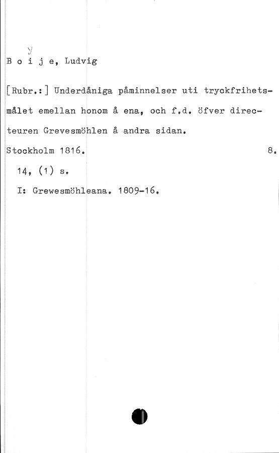  ﻿Boije, Ludvig
[Rubr.s] Underdåniga påminnelser uti tryckfrihets-
målet emellan honom å ena, och f.d. öfver direc-
teuren Grevesmöhlen å andra sidan.
Stockholm 1816.	8.
14*(1 ) s.
I: Grewesmöhleana. 1809-16.
