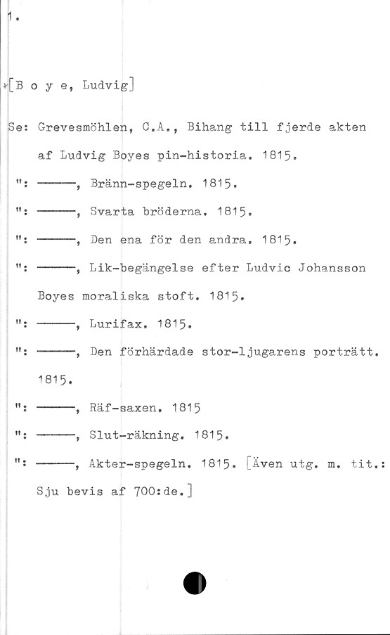  ﻿1
v[Boye, Ludvig]
Se: Grevesmöhlen, C.A., Bihang till fjerde akten
af Ludvig Boyea pin-historia. 1815.
-----, Bränn-spegeln. 1815.
": ------,	Svarta Bröderna. 1815.
------,	Den ena för den andra. 1815.
": -----, Lik-begängelse efter Ludvic Johansson
Boyes moraliska stoft. 1815.
------,	Lurifax. 1815.
------,	Den förhärdade stor-1jugarens porträtt,
1815.
------,	Räf-saxen. 1815
-----, Slut-räkning. 1815.
": -----, Akter-spegeln. 1815. [Även utg. m. tit.
Sju bevis af 700:de.]