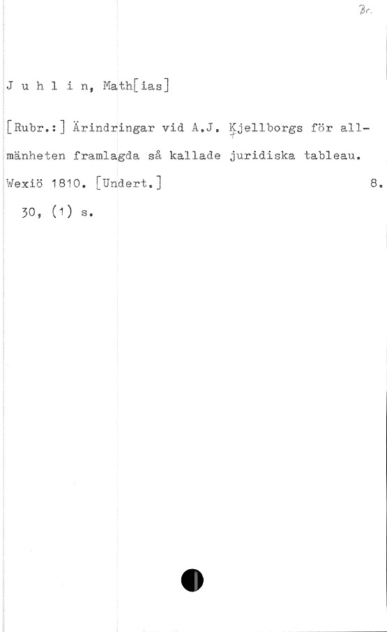  ﻿Juhlin, Math[ias]
[Rubr.:] Ärindringar vid A.J. Kjellborgs för all
mänheten framlagda så kallade juridiska tableau.
Wexiö 1810. [Undert.]