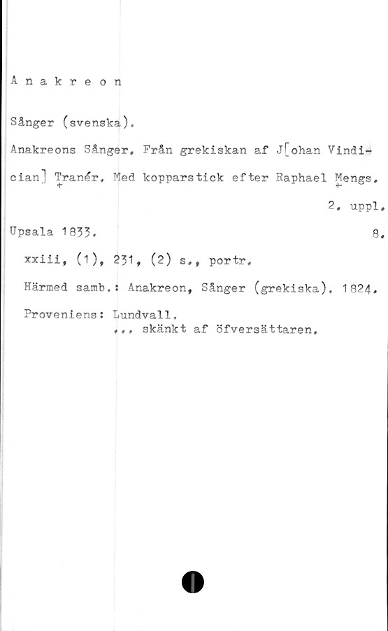  ﻿Anakreon
Sånger (svenska),
Anakreons Sånger, Från grekiskan af j[ohan Vindi-
cian] Tranér, Med kopparstick efter Raphael Mengs,
2. uppl.
Upsala 1833.
xxiii, (i), 231, (2) s,, portr.
Härmed samb,: Anakreon, Sånger (grekiska), 1824.
Proveniens: Lundvall,
... skänkt af öfversättaren.
8.