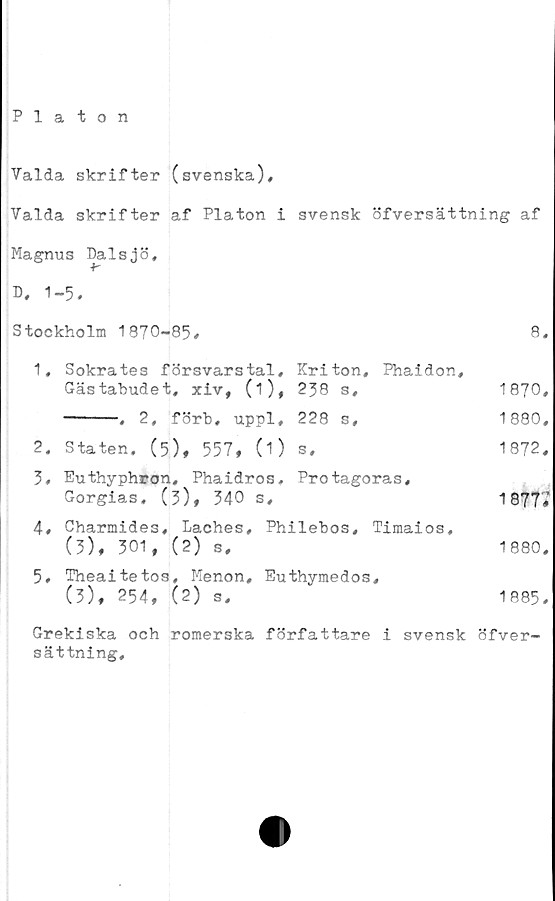  ﻿Platon
Valda skrifter (svenska).
Valda skrifter af Platon i svensk öfversättning af
Magnus Dalsjö,
D, 1-5.
Stockholm 1870-85.	8,
1,	Sokrates försvarstal, Kriton, Phaidon,
Gästabudet, xiv, (i),	258 s,	1870,
-----, 2, förb, uppl, 228 s,	1880,
2,	Staten. (5), 557,	(1)	s,	1872,
3,	Euthyphron, Phaidros. Protagoras,
Gorgias, (3), 340	s,	1877#
4,	Charmides, Laches, Philebos, Timaios,
(3), 301, (2) s,	1880,
5,	Theaitetos, Menon, Euthymedos,
(3), 254, (2) s,	1885,
Grekiska och romerska författare i svensk öfver-
sättning.