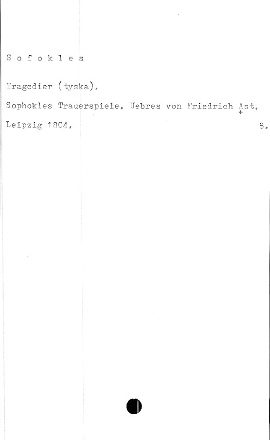  ﻿Sofokles
Tragedier (tyska),
Sophokles Trauerspiele, Uebres von Friedrich Ast,
4*
Leipzig 1804,