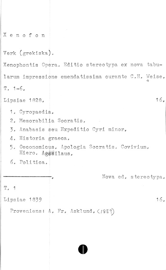  ﻿Xenofon
Verk (grekiska).
Xenophontis Opera. Editio stereotypa ex nova tabu-
larum irapressione emendatissima curante C.H, Weise,
T. 1-6.
Lipsiae 1828,	1 6,
1.	Cyropaedia,
2.	Memorabilia Socratis,
3.	Anabasis seu Expeditio Cyri minor,
4.	Historia graeca,
5.	Oeconomicus, Apologia Socratis, Covivium,
Hiero, AgéSilaus,
6.	Politica,
----------------,	Nova ed, stereotypa,
T. 1
Lipsiae 1839	16,
Proveniens: A, Pr, Asklund, G9$*})