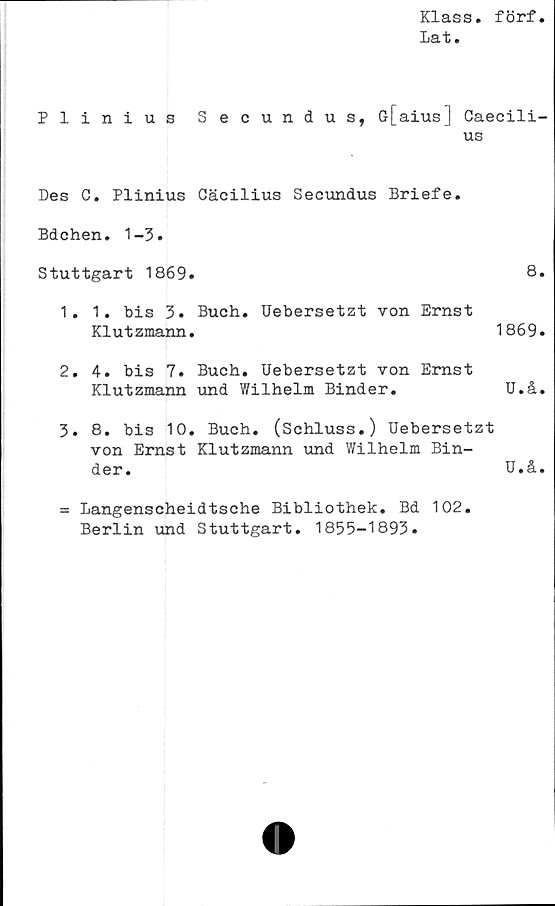  ﻿Klass, förf
Lat.
Plinius Secundus, ö[aius] Caecili-
us
Des C. Plinius Cäcilius Secundus Briefe.
Bdchen. 1-3.
Stuttgart 1869.	8.
1.	1. bis 3. Buch. Uebersetzt von Ernst
Klutzmann.	1869.
2.	4. bis 7. Buch. Uebersetzt von Ernst
Klutzmann und Wilhelm Binder.	U.å.
3.	8. bis 10. Buch. (Schluss.) Uebersetzt
von Ernst Klutzmann und Wilhelm Bin-
der.	U.å.
= Langenscheidtsche Bibliothek. Bd 102.
Berlin und Stuttgart. 1855-1893.