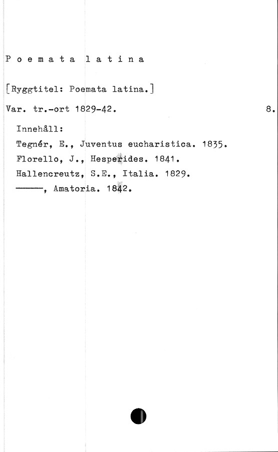  ﻿Poemata latina
[Ryggtitel: Poemata latina.]
Var. tr.-ort 1829-42.
Innehåll:
Tegnér, B., Juventus eucharistica. 1835»
Florello, J., Hesperides. 1841.
Hallencreutz, S.E., Italia. 1829.
-----, Amatoria. 1842.