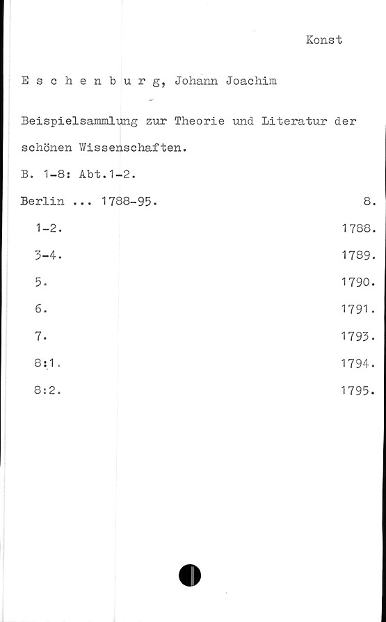  ﻿Konst
Eschenburg, Johann Joachim
Beispielsammlung zur Theorie und Literatur der
schönen Wissenschaften.
B. 1-8: Abt.1-2.	
Berlin ... 1788-95.	8.
1-2.	1788.
3-4.	1789.
5.	1790.
6.	1791.
7.	1793.
8:1 .	1794.
8:2.	1795.