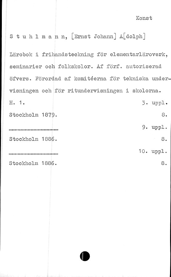  ﻿Konst
Stuhlmann, [Ernst Johann] A[dolph]
lärobok i frihandsteckning för elementarläroverk,
seminarier och folkskolor. Af förf. autoriserad
öfvers. Förordad af komitéerna för tekniska under-
visningen och för ritundervisningen i skolorna.
H. 1.	3»	uppl.
Stockholm 1879.	8.
______________	9.	uppl.
Stockholm 1886.	8.
______________	10.	uppl.
Stockholm 1886
8.