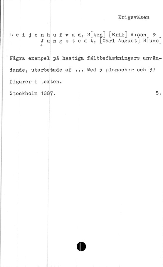  ﻿Krigsväsen
Leijonhufvud, s[ten] [Erik] A : son &
Jungstedt, [Carl August] H[ugo]
*
Några exempel på hastiga fältbefästningars använ-
dande, utarbetade af ... Med 5 planscher och 37
figurer i texten.
Stockholm 1887.
8.