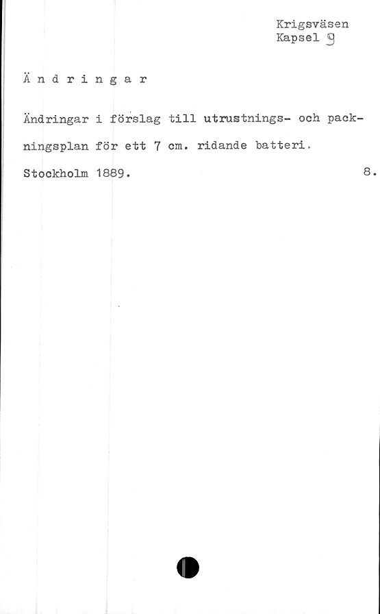  ﻿Krigsväsen
Kapsel ^
Ändringar
Ändringar i förslag till utrustnings- och pack'
ningsplan för ett 7 cm. ridande batteri.
Stockholm 1889