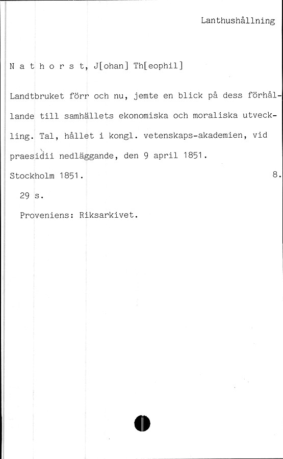  ﻿Lanthushållning
Nathorst, J[ohan] Th[eophil]
Landtbruket förr och nu, jemte en blick på dess förhål-
lande till samhällets ekonomiska och moraliska utveck-
ling. Tal, hållet i kongl. vetenskaps-akademien, vid
praesidii nedläggande, den 9 april 1851.
Stockholm 1851.	8.
29 s.
Proveniens: Riksarkivet.