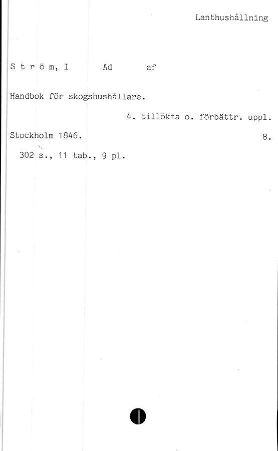  ﻿Lanthushållning
Ström, I	Ad	af
Handbok för skogshushållare.
4. tillökta o. förbättr. uppl
Stockholm 1846.	8
V
302 s., 11 tab., 9 pl.