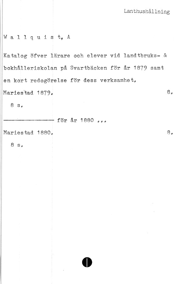  ﻿Lanthushållning
WallquiatfA
Katalog öfver lärare och elever vid landtbruks- &
bokhålleriskolan på Svartbäcken för år 1879 samt
en kort redogörelse för dess verksamhet,
Mariestad 1879.	8,
8 s,
------------- för år 1880 ,,,
Mariestad 1880,	8,
8 s.