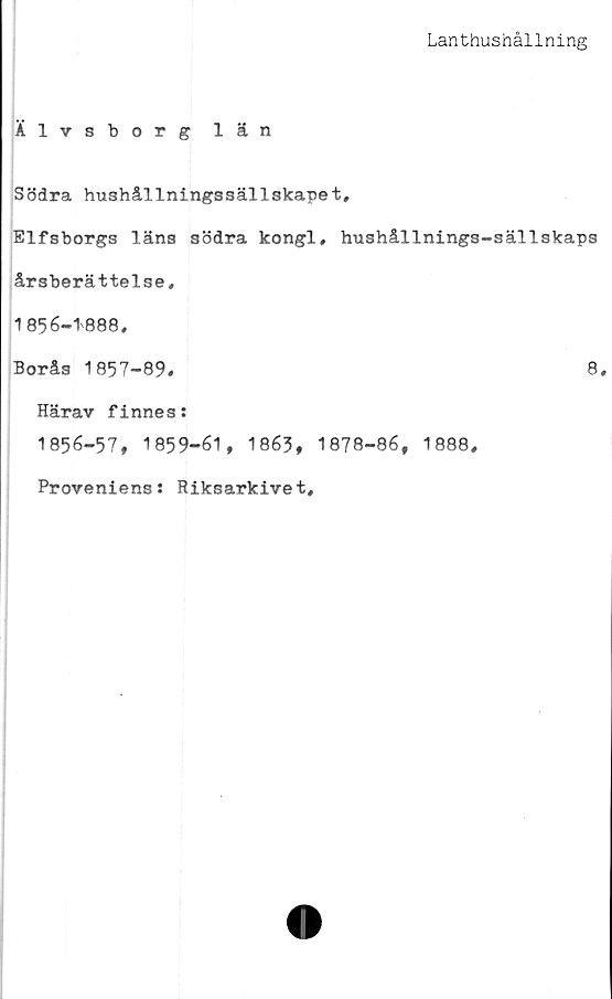  ﻿Lanthushållning
Älvsborg län
Södra hushållningssällskapet,
Elfsborgs läns södra kongl, hushållnings-sällskaps
årsberättelse,
1856-1888,
Borås 1857-89»	8,
Härav finnes:
1856-57, 1859-61, 1863, 1878-86, 1888,
Proveniens: Riksarkivet,