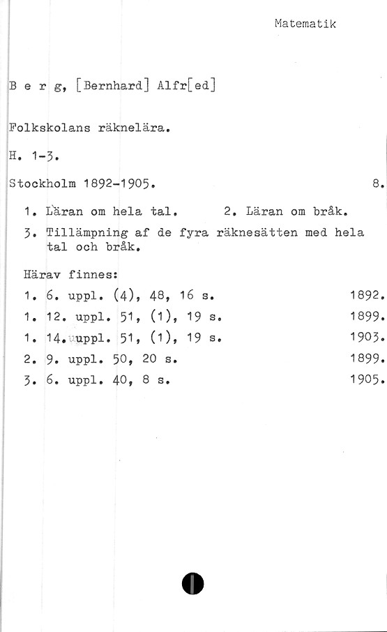  ﻿Matematik
Berg, [Bernhard] Alfr[ed]
Folkskolans räknelära.
H. 1-3.
Stockholm 1892-1905.
1. Läran om hela tal.
8.
2. Läran om bråk.
3. Tillämpning af de fyra räknesätten med hela
tal och bråk.
Härav finness
1. 6. uppl. (4)* 48, 16 s.
1. 12. uppl. 51* (i)* 19 s.
1. 14. uppl. 51* (O* 19 s.
2.	9. uppl. 50, 20 s.
3.	6. uppl. 40, 8 s.
1892.
1899.
1903.
1899.
1905.