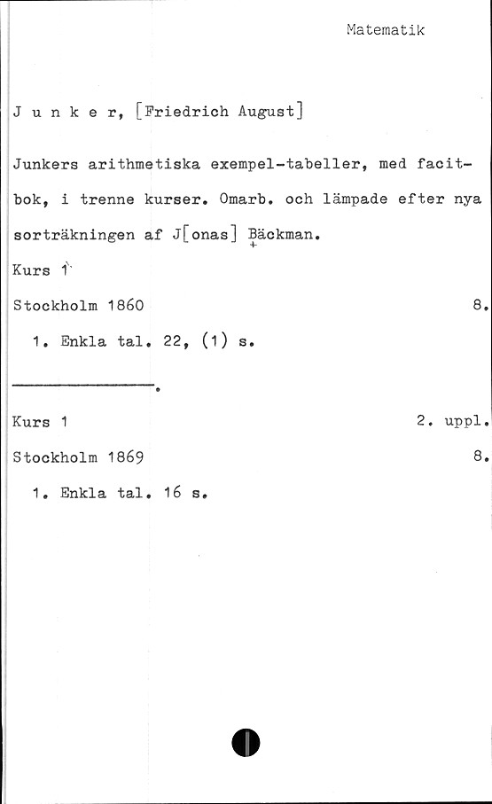 ﻿Matematik
Junker, [Friedrich August]
Junkers arithmetiska exempel-tabeller, med facit-
bok, i trenne kurser. Omarb. och lämpade efter nya
sorträkningen af j[onas] Bäckman.
Kurs f'
Stockholm 1860	8.
1. Enkla tal. 22, (i) s.
Kurs 1	2. uppl.
Stockholm 1869	8»
1. Enkla tal. 16 s