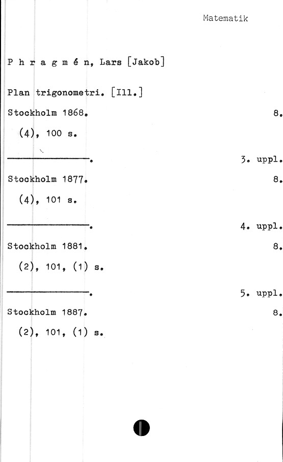  ﻿Matematik
Phragmén, Lars [Jakob]
Plan trigonometri. [ill.]
Stockholm	1868,	8
(4), 100 s.
--------------.	3»	uppl
Stockholm	1877*	8
(4), 101 s.
--------------.	4.	uppl
Stockholm	1881,	8
(2), 101, (1) s.
--------------.	5»	uppl
Stockholm	1887.	8
(2), 101, (1) s