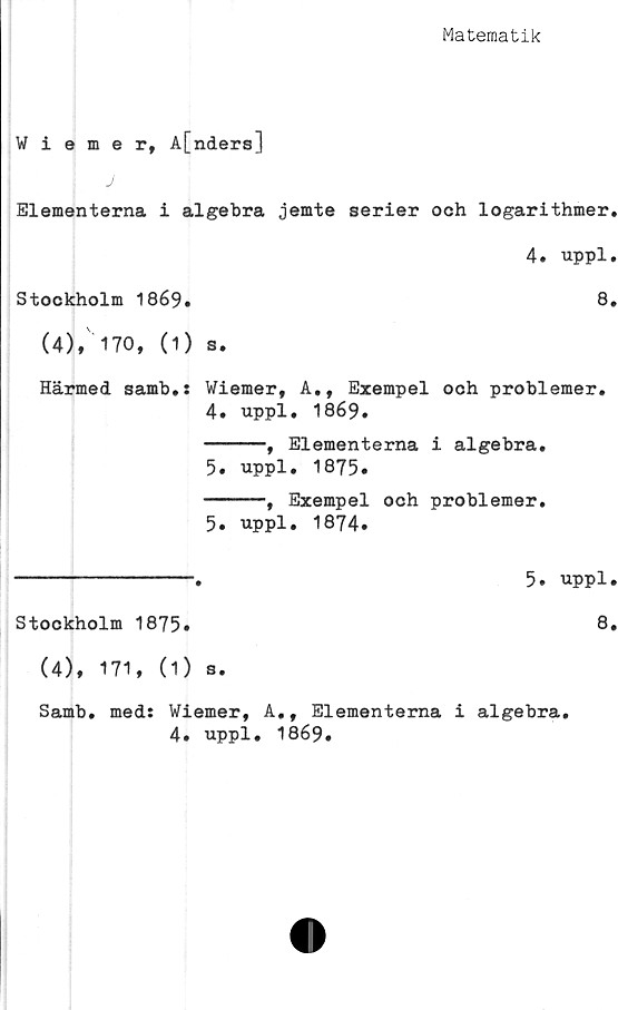  ﻿Matematik
Wiemer, A[nders]
Elementerna i algebra jemte serier och logarithmer.
4. uppl.
Stockholm 1869»	8.
(4),' 170, (1) s.
Härmed samb.s Wiemer, A., Exempel och problemer.
4.	uppl. 1869.
-----, Elementerna i algebra.
5.	uppl. 1875.
-----, Exempel och problemer.
5. uppl. 1874.
----------------.	5. uppl.
Stockholm 1875»	8.
(4), 171, (1) s.
Samb. med: Wiemer, A.f Elementerna i algebra.
4. uppl. 1869.