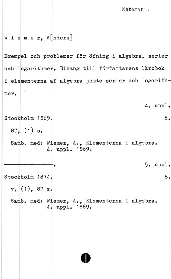  ﻿Matematik
¥iemer, A[nders]
Exempel och problemer för öfning i algebra, serier
och logarithmer. Bihang till författarens lärobok
i elementerna af algebra jemte serier och logarith-
mer.
4. uppl.
Stockholm 1869.	8.
87, (1) s.
Samb. meds Wiemer, A,, Elementerna i algebra.
4. uppl. 1869.
----------------.	5. uppl.
Stockholm 1874.	8.
v, (1), 87 s.
Samb. med: Wiemer, A», Elementerna i algebra.
4. uppl. 1869.