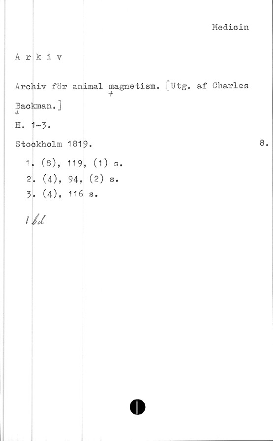  ﻿Medicin
Arkiv
Archiv för animal magnetism. futg. af Charles
-f
Backman.]
H. 1-3.
Stockholm 1819.	8.
1.	(8), 119, (O s.
2. (4), 94, (2) s.
3. (4), ^16 s.