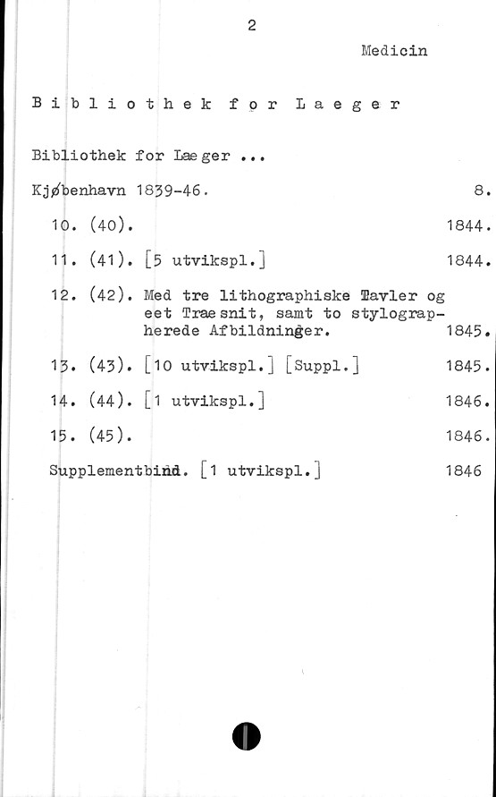  ﻿2
Medicin
Bibliothek for Laeger
Bibliothek for Laeger ...
Kj^benhavn 1839-46.	8.
10.	(40).	1844.
11.	(41).	[5 utvikspl.]	1844.
12.	(42).	Med tre lithographiske Havler og
eet Traesnit, samt to stylograp-
herede Afbildninger.	1845.
13»	(43).	[10 utvikspl.] [Suppl.]	1845.
14.	(44).	[1 utvikspl.]	1846.
15.	(45).	1846.
Supplementbind. [1 utvikspl.]	1846