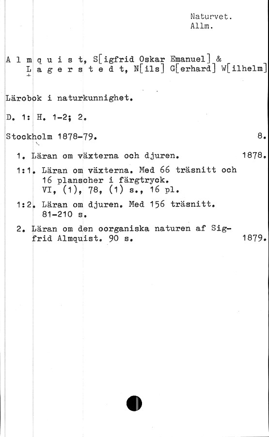  ﻿Naturvet.
Allm.
Almquist, S[igfrid Oskar Emanuel] &
Lagerstedt, N[ils] G[erhard] W[ilhelm]
Lärobok i naturkunnighet.
D. 1: H. 1-2} 2.
Stockholm 1878-79»	8.
1.	Läran om växterna och djuren.	1878.
1:1. Läran om växterna. Med 66 träsnitt och
16 planscher i färgtryck.
VI, (1), 78, (1) s., 16 pl.
1:2. Läran om djuren. Med 156 träsnitt.
81-210 s.
2.	Läran om den oorganiska naturen af Sig-
frid Almquist. 90 s.
1879