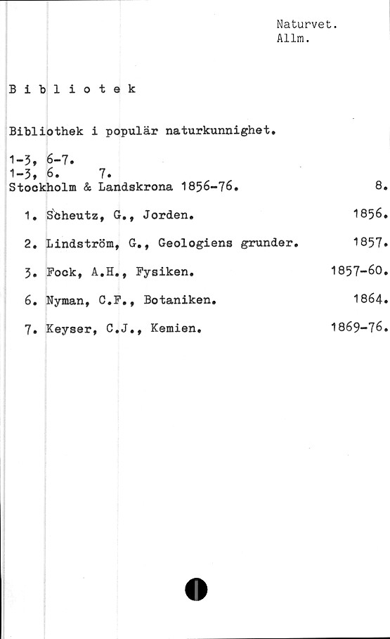  ﻿Naturvet.
Allm.
Bibliotek
Bibliothek i populär naturkunnighet. 1-3, 6-7. 1-3, 6. 7. Stockholm & Landskrona 1856-76.	8
1. Söheutz, G., Jorden.	1856
2. Lindström, G., Geologiens grunder.	1857
3. Fock, A.H., Fysiken.	1857-60
6. Nyman, C.F., Botaniken.	1864
7. Keyser, C.J., Kemien.	1869-76