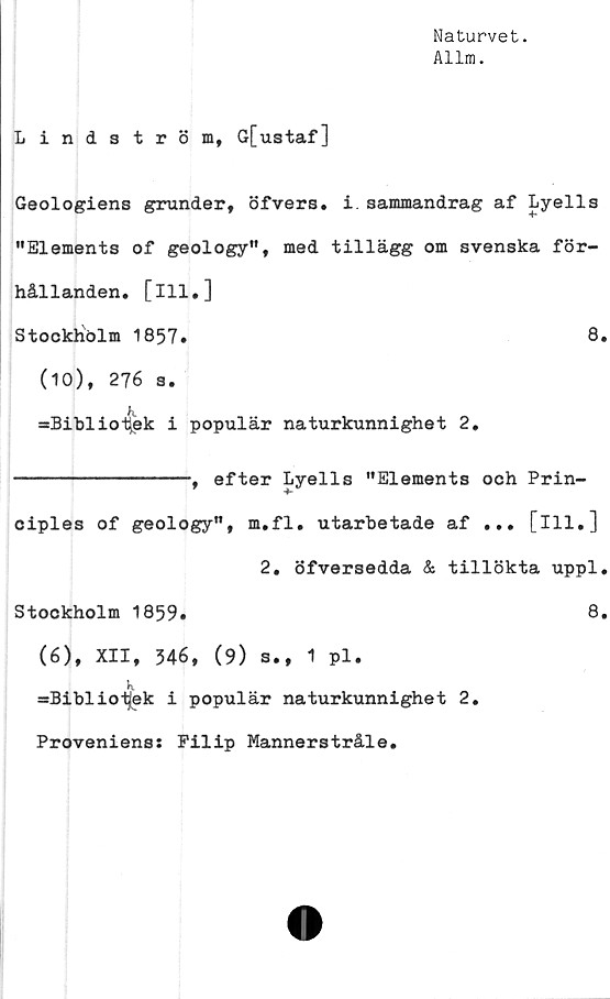  ﻿Naturvet.
Allm.
Lindström, G[ustaf]
Geologiens grunder, öfvers. i sammandrag af Lyells
"Elements of geology", med tillägg om svenska för-
hållanden, [111.]
Stockhölm 1857.	8.
(10), 276 s.
»Bibliotek i populär naturkunnighet 2.
--------------, efter Lyells "Elements och Prin-
ciples of geology", m.fl. utarbetade af ... [ill.]
2. öfversedda & tillökta uppl.
Stockholm 1859»	8.
(6), XII, 346, (9) s., 1 pl.
k
»Biblioij^k i populär naturkunnighet 2.
Proveniens: Pilip Mannerstråle.