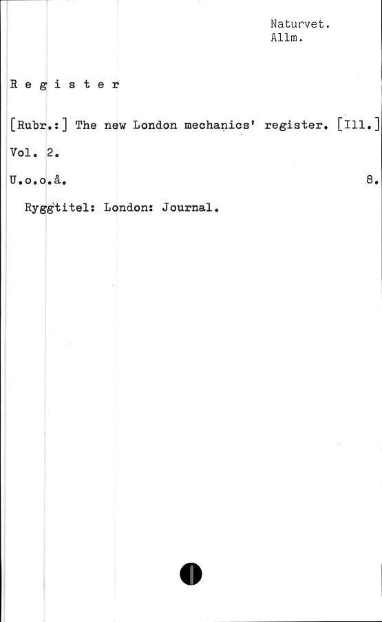  ﻿Naturvet.
Allm.
Register
[Rubr.:] The new London mechanics' register, [ill.]
Vol. 2.
U.o.o.å.
Ryggtitel: London: Journal.
8.