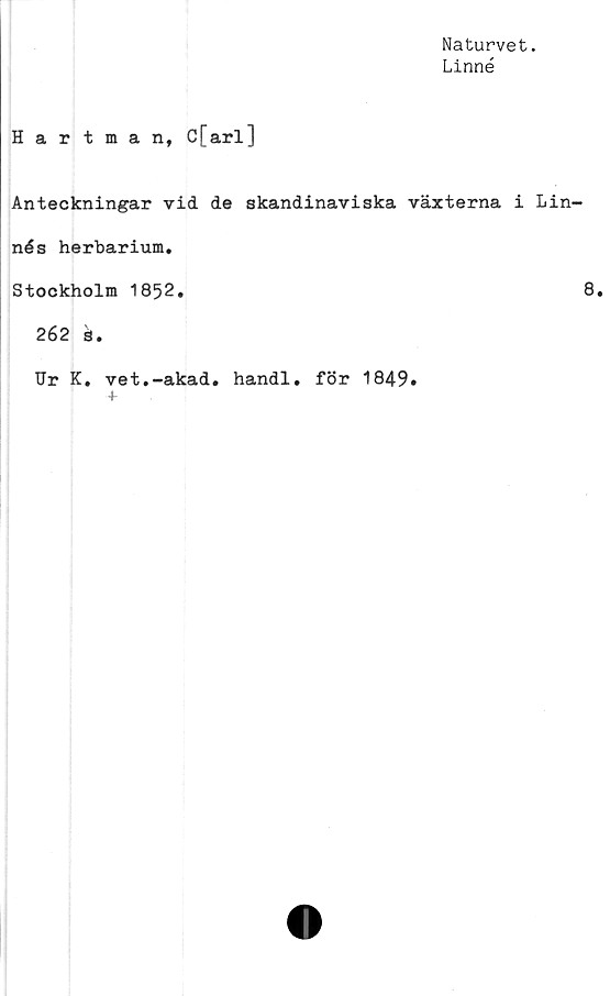  ﻿Naturvet.
Linné
Hartman, C[arl]
Anteckningar vid de skandinaviska växterna i L
nés herbarium.
Stockholm 1852.
262 s.
Ur K. vet.-akad. handl. för 1849»