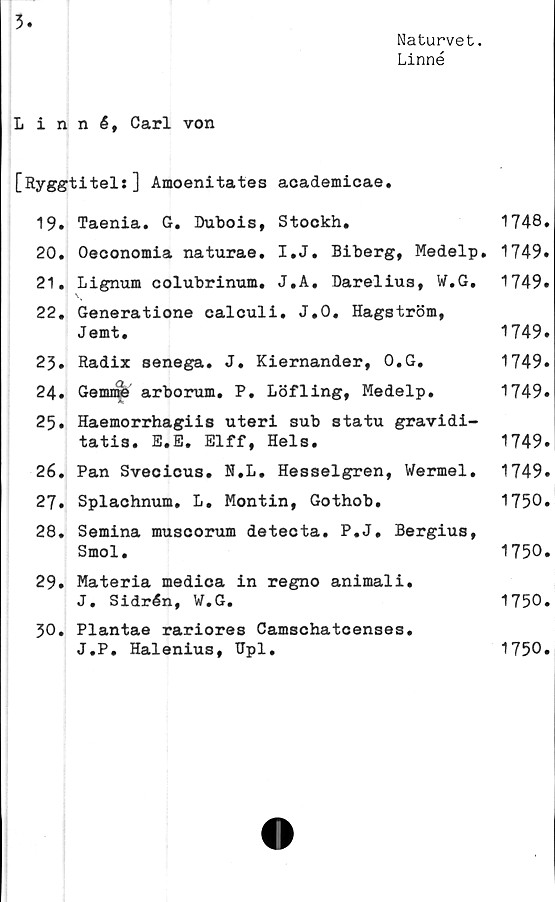  ﻿3
Naturvet.
Linné
Linné, Carl von
[Ryggtitel:] Amoenitåtes academicae.
19.	Taenia. G. Dubois, Stockh,	1748.
20.	Oeconomia naturae. I.J. Biberg, Medelp. 1749.
21.	Lignum colubrinum. J.A. Darelius, W.G. 1749.
22.	Generatione calculi. J.O. Hagström,
Jemt.	1749.
23.	Radix senega. J. Kiernander, O.G.	1749.
24.	Genuajb arborum. P. Löfling, Medelp.	1749.
25.	Haemorrhagiis uteri sub statu gravidi-
tatis. E.E. Elff, Hels.	1749.
26.	Pan Svecicus. N.L. Hesselgren, Wermel. 1749.
27.	Splachnum. L. Montin, Gothob.	1750.
28.	Semina muscorum detecta. P.J. Bergius,
Smol.	1750.
29.	Materia medica in regno animali.
J. Sidrén, W.G.	1750.
30.	Plantae rariores Camschatcenses.
J.P. Halenius, TJpl.	1750.