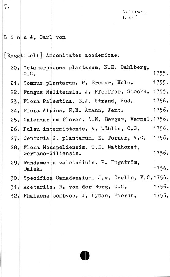  ﻿7
Naturvet.
Linné
Linné, Carl von
[Ryggtitels] Amoenitates academicae.
20.	Metamorphoses plantarum, N.E. Dahlberg,
O.G.	1755.
21.	Somnus plantarum. P. Bremer, Hels.	1755.
22.	Fungus Melitensis. J. Pfeiffer, Stockh. 1755.
23.	Flora Palestina. B.J. Strand, Sud.	1756.
24.	Flora Alpina. N.N. Åmann, Jemt.	1756.
25.	Calendarium florae. A.M. Berger, Vermel.1756.
26.	Pulsu intermittente. A. Wåhlin, O.G. 1756.
27.	Centuria 2. plantarum. E. Torner, V.G. 1756.
28.	Flora Monspeliensis. T.E. Nathhorst,
Germano-Siliensis.	1756.
29.	Fundamenta valetudinis. P. Engström,
Dalek.	1756.
30.	Specifica Canadensium. J.v. Coelln, V.G.1756.
31.	Acetariis. H. von der Burg, O.G.	1756.
32.	Phalaena bombyce. J. Lyman, Fierdh.	1756.