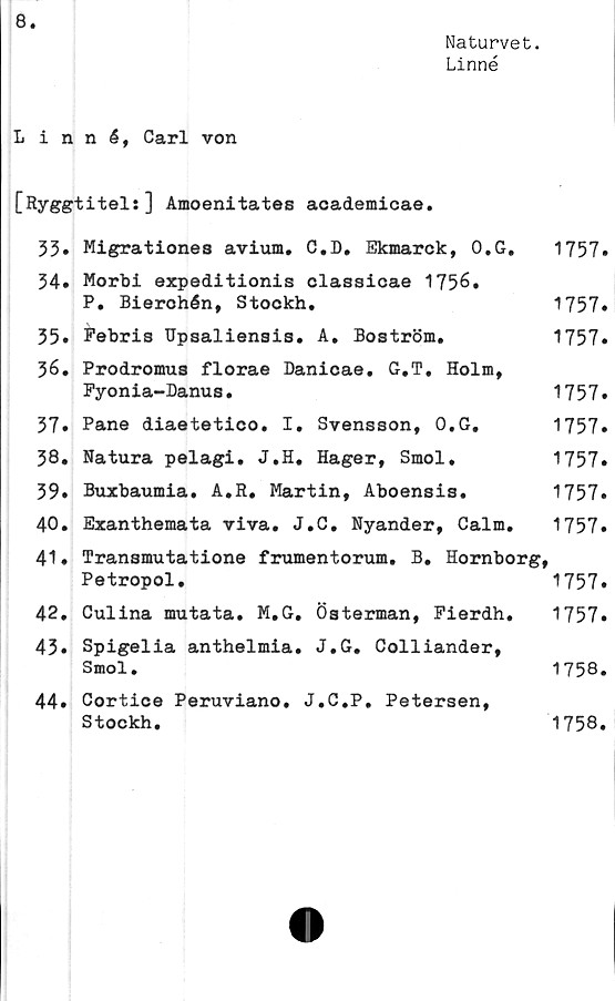  ﻿8
Naturvet.
Linné
Linné, Carl von
[Ryggtitels] Amoenitates academicae.
35» Migrationes avium. C.D. Ekmarck, O.G, 1757.
34.	Morbi expeditionis classicae 1756.
P. Bierchén, Stockh,	1757.
35.	^ebris Upsaliensis. A, Boström.	1757.
36.	Prodromus florae Danicae. G.T. Holm,
Fyonia-Danus.	1757.
37.	Pane diaetetico. I. Svensson, O.G.	1757*
38.	Natura pelagi, J.H. Hager, Smol.	1757»
39.	Buxbaumia. A.R. Martin, Aboensis.	1757.
40.	Exanthemata viva. J.C. Nyander, Calm. 1757.
41• Transmutatione frumentorum. B. Hornborg,
Petropol.	1757.
42.	Culina mutata. M.G. Österman, Fierdh. 1757.
43.	Spigelia anthelmia. J.G. Colliander,
Smol.	1758.
44.	Cortice Peruviano. J.C.P. Petersen,
Stockh.	1758.