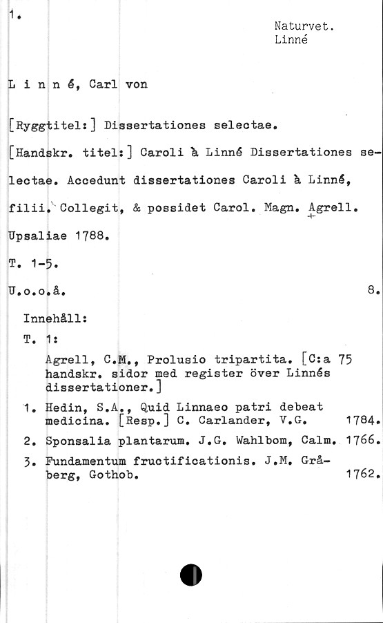  ﻿1
Naturvet.
Linné
Linné, Carl von
[Ryggtitels] Di3sertationes selectae.
[Handskr. titels] Caroli å Linné Dissertationes se-
lectae. Accedunt dissertationes Caroli å Linné,
filii. Collegit, & possidet Carol. Magn. Agrell.
TJpsaliae 1788.
T. 1-5.
D.o.o.å.	8.
Innehålls
T. 1s
Agrell, C.M., Prolusio tripartita. [Csa 75
handskr. sidor med register över Linnés
dissertationer.]
1.	Hedin, S.A., Quid Linnaeo patri debeat
medicina. [Resp.] C. Carlander, V.G. 1784.
2.	Sponsalia plantarum. J.G. Wahlbom, Calm. 1766.
3.	Fundamentum fructificationis. J.M, Grå-
berg, Gothob.
1762