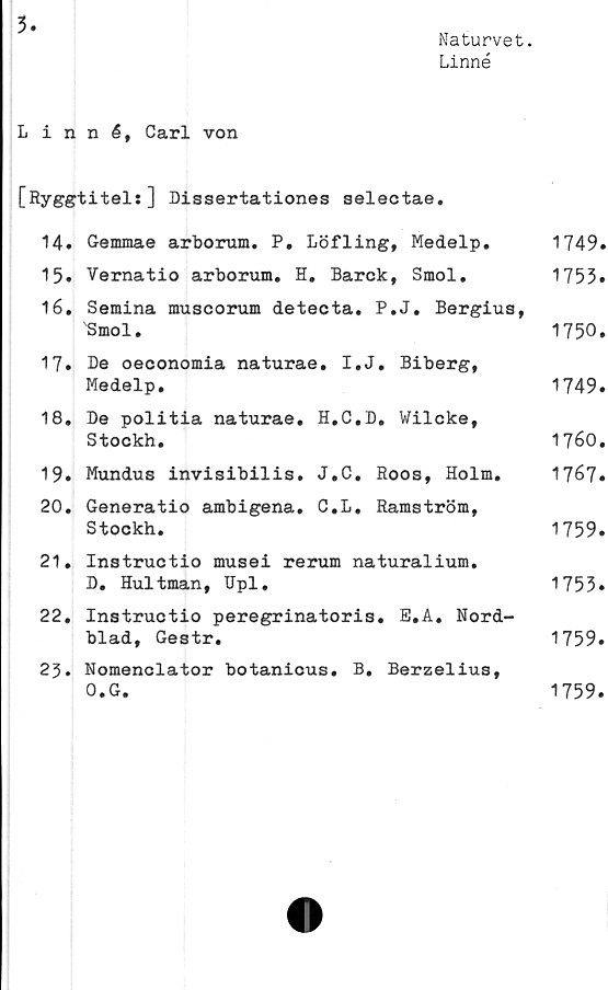  ﻿3
Naturvet.
Linné
Linné, Carl von
[Ryggtitel:] Bissertationes selectae.
14»	Gemmae arborum. P. Löfling,	Medelp.	1749»
15.	Vernatio arborum. H. Barck,	Smol.	1753»
16.	Semina muscorum detecta. P.J. Bergius,
Smol.	1750»
17.	Be oeconomia naturae. I.J. Biberg,
Medelp.	1749.
18.	Be politia naturae. H.C.B. Vilcke,
Stockh.	17é0,
19.	Mundus invisibilis. J.C.	Roos,	Holm. 1767.
20.	Generatio ambigena. C.L. Ramström,
Stockh.	1759.
21.	Instructio musei rerum naturalium.
B. Hultman, Upl.	1753»
22.	Instructio peregrinatoris. E.A. Nord-
blad, Gestr.	1759.
23.	Nomenclator botanicus. B. Berzelius,
0.G.	1759.